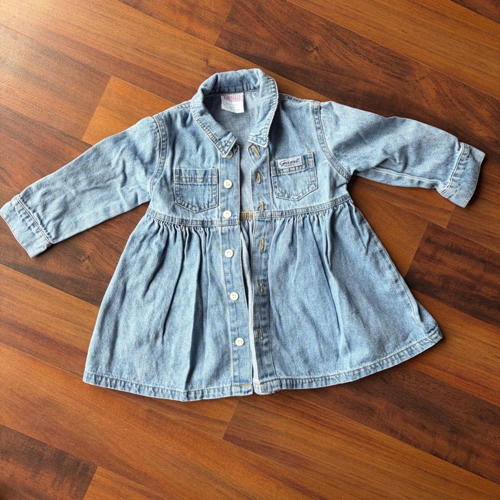 Vintage Baby Guess Denim Dress Light Wash‎ Button Down Pleated 24M Made in USA